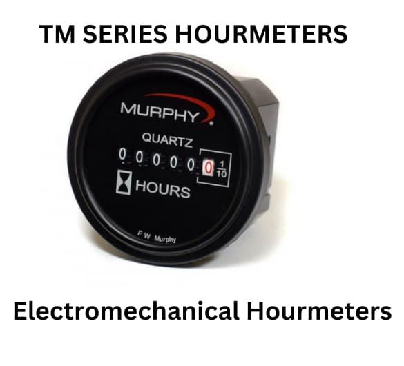  A monochrome photo featuring a digital meter labeled 'tm series hourmeters' in clear view